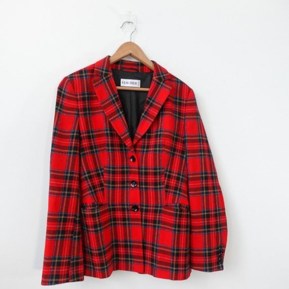 Holiday Festive‎ Red Plaid Blazer M 10 Tartan Wool Dark Academia Jacket HAUBER
